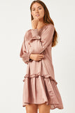 HN4196 MAUVE Womens Satin Look Smocked Cuff Tie Neck Dress Side