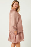 HN4196W MAUVE Plus Satin Look Smocked Cuff Tie Neck Dress Back