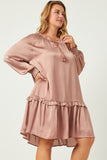 HN4196W MAUVE Plus Satin Look Smocked Cuff Tie Neck Dress Side