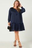 HN4196W NAVY Plus Satin Look Smocked Cuff Tie Neck Dress Full Body