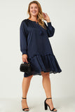 HN4196W NAVY Plus Satin Look Smocked Cuff Tie Neck Dress Side