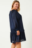 HN4196W NAVY Plus Satin Look Smocked Cuff Tie Neck Dress Back