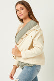 HN4256 CREAM Womens Slouchy Fit Stretch Raw Edge Detail Colored Denim Jacket Side