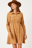 HN4259 CAMEL Womens Button Down Cinched Waist Corduroy Dress