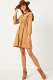 HN4259 CAMEL Womens Button Down Cinched Waist Corduroy Dress