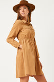 HN4259 CAMEL Womens Button Down Cinched Waist Corduroy Dress