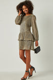 HN4418 GOLD Womens Gold Foiled Pleated Puff Sleeve Tiered Dress Side