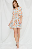 HY2609 BLUE Womens Romantic Floral Tie Sleeve Mini Dress Full Body