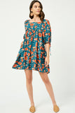 HY2609 TEAL Womens Romantic Floral Tie Sleeve Mini Dress Full Body