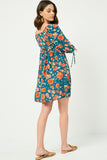 HY2609 TEAL Womens Romantic Floral Tie Sleeve Mini Dress Back