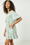 HY2627 Sage Womens Paisley Print Square Neck Tunic Dress Side