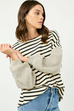 Contrast Stripe Sleeve Textured Knit Top