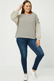 HY2763W OATMEAL Plus Contrast Stripe Sleeve Textured Knit Top Full Body