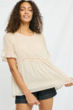 HY2775 Ivory Womens Ruffled Detail Sheer Polka Dot Peplum Top Front