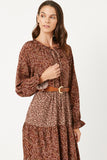 HY5098 BROWN Womens Floral Block Ruffled Tie Neck Long Sleeve Dress Detail