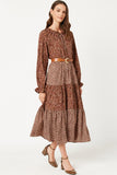 HY5098 BROWN Womens Floral Block Ruffled Tie Neck Long Sleeve Dress Side