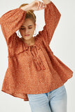 HY5124 RUST Womens Ruffled Seam Detail Tasseled Long Sleeve Top Full Body