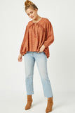 HY5124 RUST Womens Ruffled Seam Detail Tasseled Long Sleeve Top Front