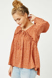 HY5124 RUST Womens Ruffled Seam Detail Tasseled Long Sleeve Top Side