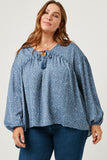 HY5124W BLUE Plus Ruffled Seam Detail Tasseled Long Sleeve Top Front