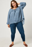 HY5124W BLUE Plus Ruffled Seam Detail Tasseled Long Sleeve Top Full Body