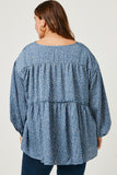 HY5124W BLUE Plus Ruffled Seam Detail Tasseled Long Sleeve Top Back