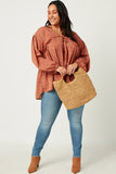 HY5124W RUST Plus Ruffled Seam Detail Tasseled Long Sleeve Top Front