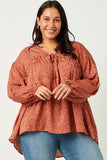 HY5124W RUST Plus Ruffled Seam Detail Tasseled Long Sleeve Top Full Body