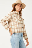 HY5249 BEIGE Womens Brushed Plaid Wide Sleeve Patch Pocket Shacket Detail