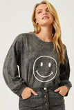 HY5388 BLACK Womens Smiley Print Garment Washed Long Sleeve Top Front