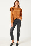 HY5410 CAMEL Womens Chenille Knit Ruffled Shoulder Top Full Body