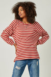 HY5457 RUST Womens Waffle Stripe Raglan Long Sleeve Knit Top Front