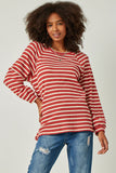 HY5457 RUST Womens Waffle Stripe Raglan Long Sleeve Knit Top Front 2