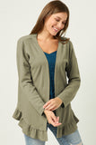 HY5469 OLIVE Womens Ruffle Hem Raw Edge Detail Waffle Knit Cardigan Front