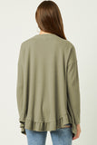 HY5469 OLIVE Womens Ruffle Hem Raw Edge Detail Waffle Knit Cardigan Back