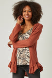 HY5469 RUST Womens Ruffle Hem Raw Edge Detail Waffle Knit Cardigan Front