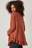 HY5469 RUST Womens Ruffle Hem Raw Edge Detail Waffle Knit Cardigan Side