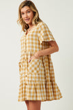 HY5588 Mustard Womens Plaid Patch Pocket Button Down Dress Full Body 2