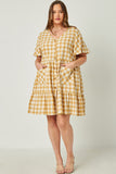 HY5588 Mustard Womens Plaid Patch Pocket Button Down Dress Detail