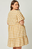 HY5588 Mustard Womens Plaid Patch Pocket Button Down Dress Side