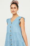 HY5607 Light Denim Womens Ruffle Button Down Tiered Dress Back