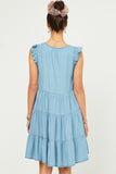 HY5607 Light Denim Womens Ruffle Button Down Tiered Dress Full Body 2