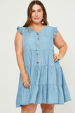 HY5607W Light Denim Plus Ruffle Button Down Tiered Dress Front