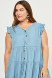 HY5607W Light Denim Plus Ruffle Button Down Tiered Dress Front 2