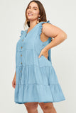 HY5607W Light Denim Plus Ruffle Button Down Tiered Dress Side