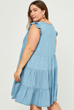 HY5607W Light Denim Plus Ruffle Button Down Tiered Dress Back