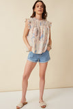 HY5636 IVORY Womens Watercolor Smocked Yoke Ruffled Tank Full Body