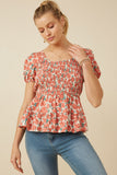 Womens Smocked Puff Sleeve Peplum Top