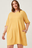 HY5944W MUSTARD Plus Tie Sleeve Striped Dress Front