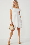 HY6004 IVORY Women Textured Puff Sleeve Smocked Squareneck Dress Detail